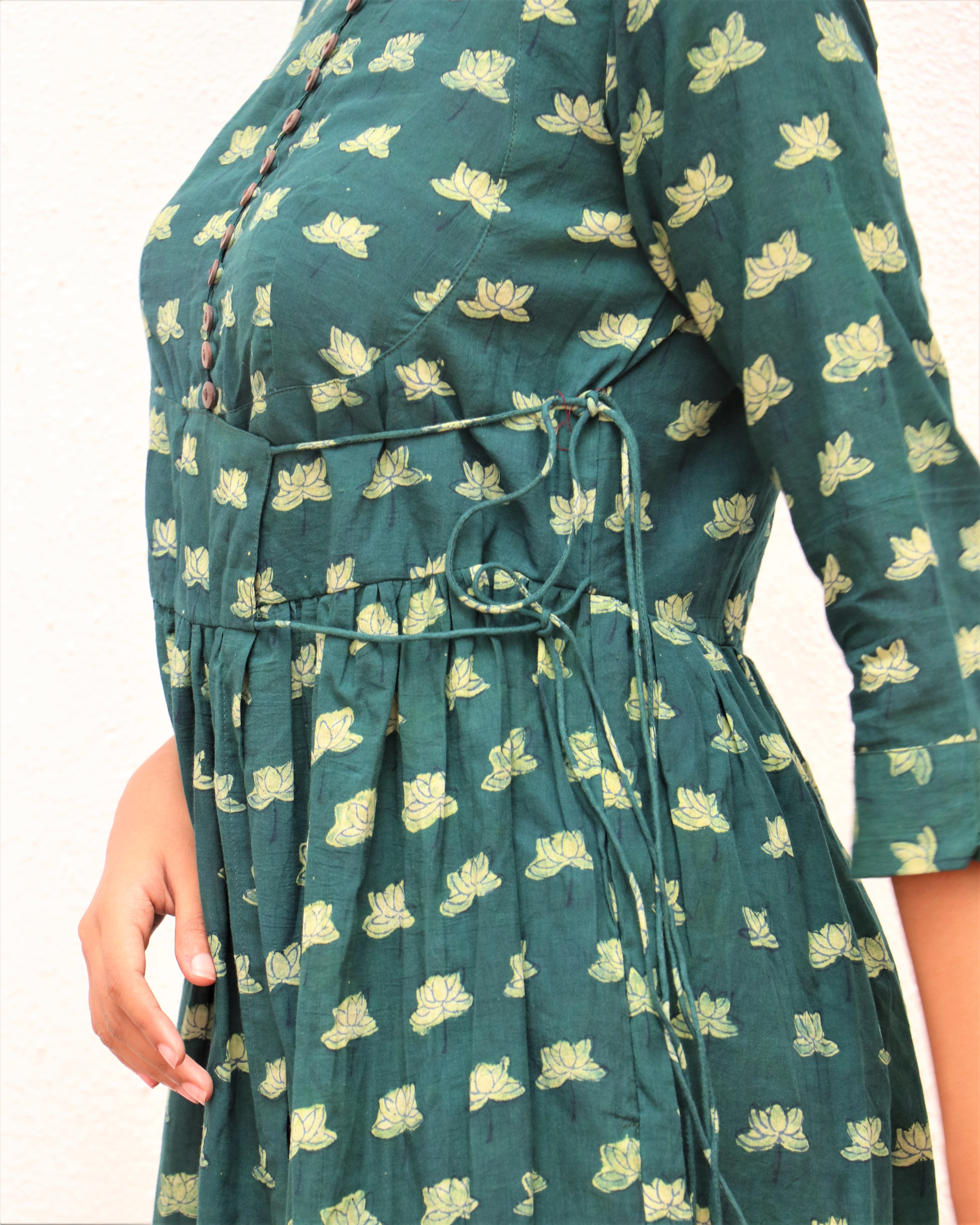 Green Blossom Block Printed Cotton Slit Dress - For