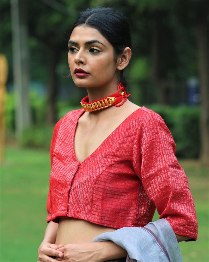 Brilliant Red Handwoven Linen Zari  Blouse-Bageecha