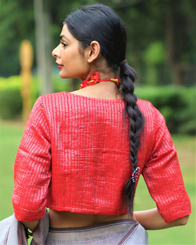Brilliant Red Handwoven Linen Zari  Blouse-Bageecha