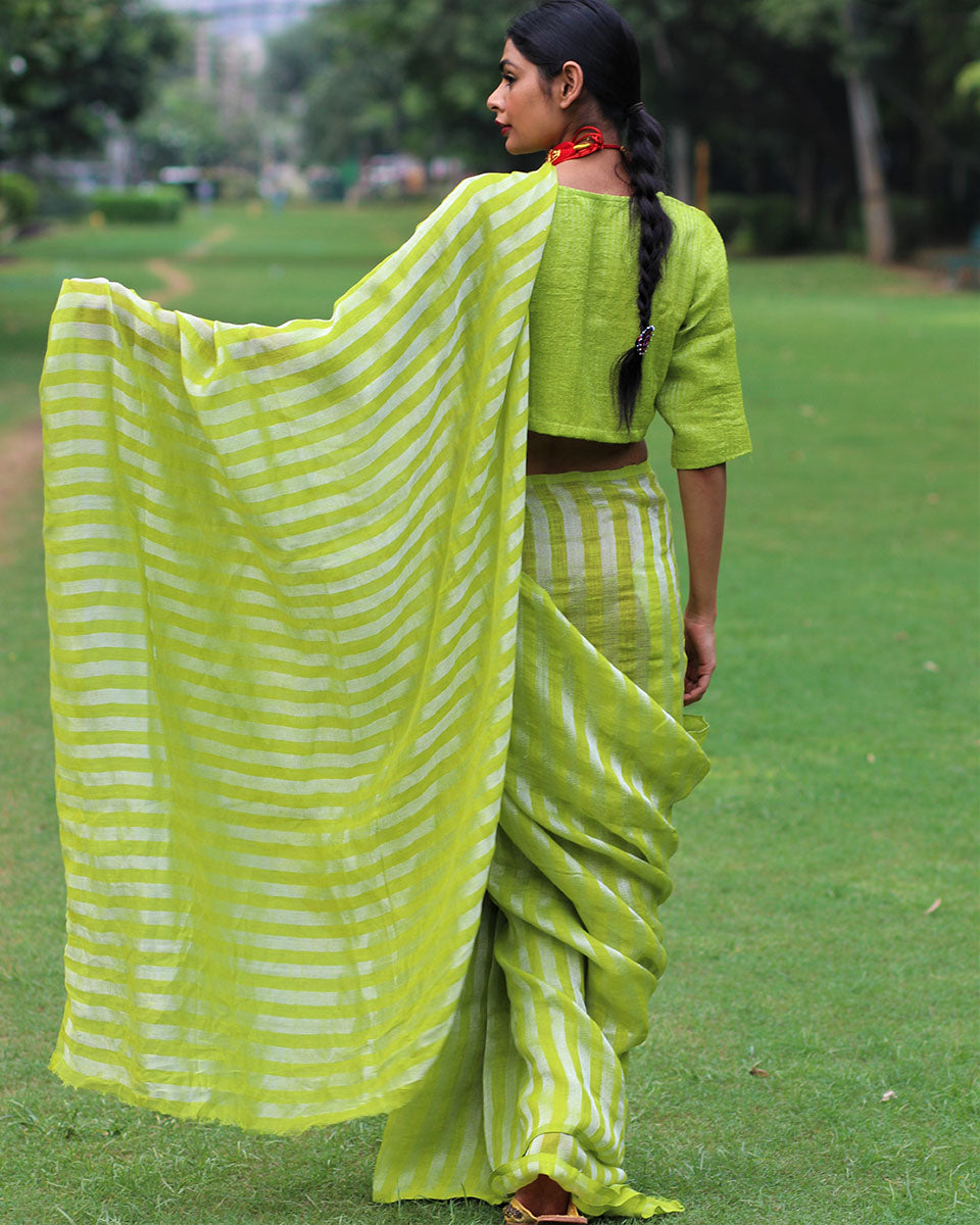 Vaatika Pure Handwoven Linen Saree - Bageecha