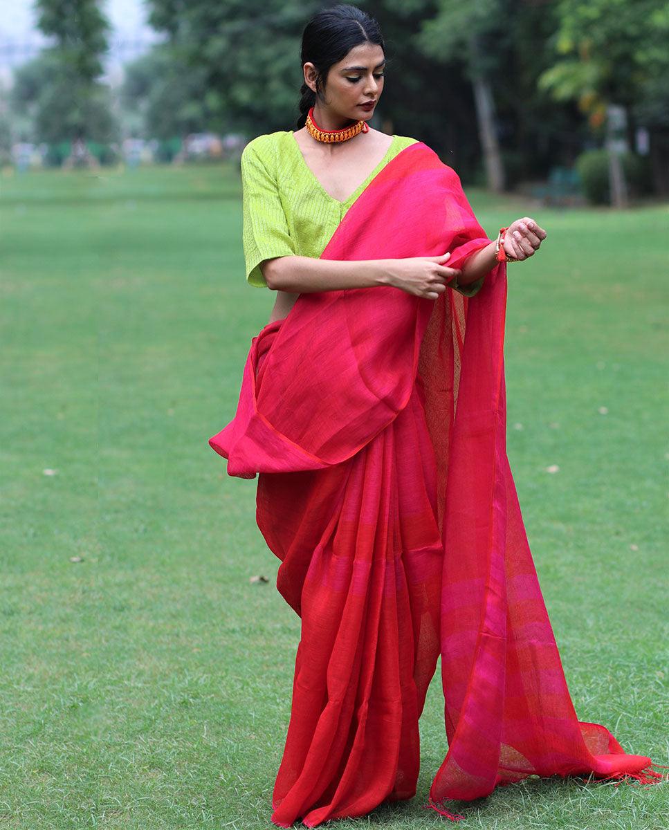 Gulnar Handwoven Linen Saree - Bageechaa