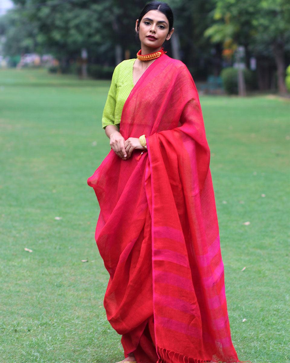 Gulnar Handwoven Linen Saree - Bageechaa