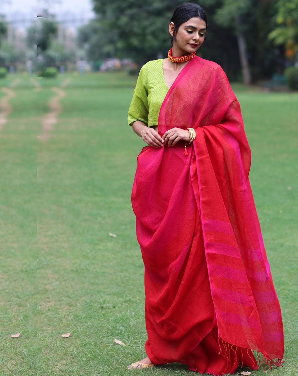 Gulnar Handwoven Linen Saree - Bageechaa