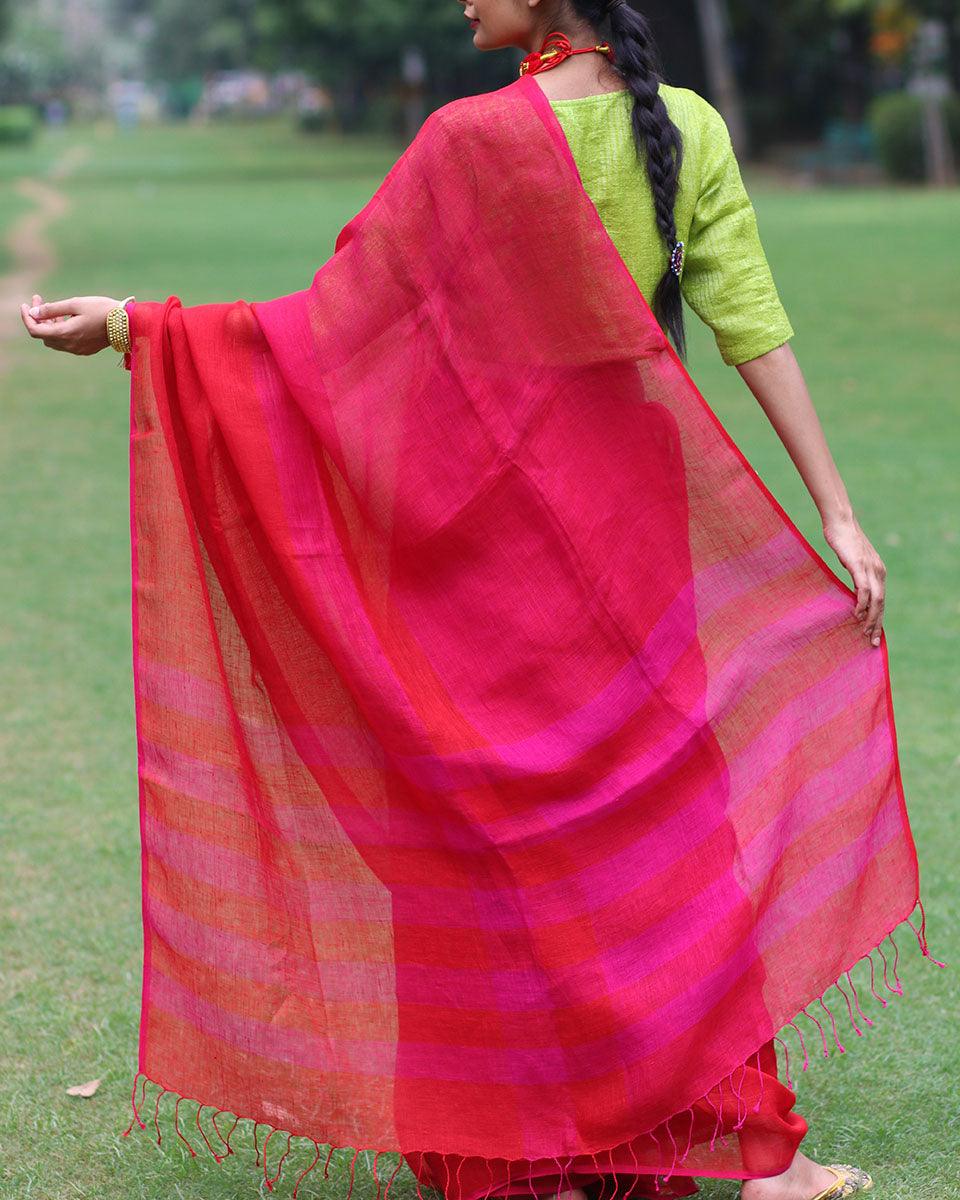 Gulnar Handwoven Linen Saree - Bageechaa