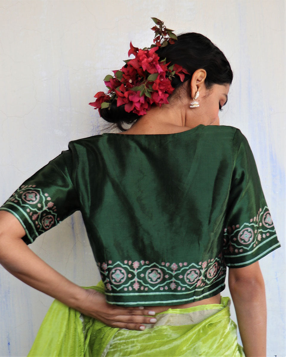 Green Blockprinted Mashru Silk Blouse