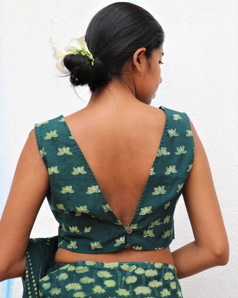 Green Bloom Block Printed Cotton Blouse  - For