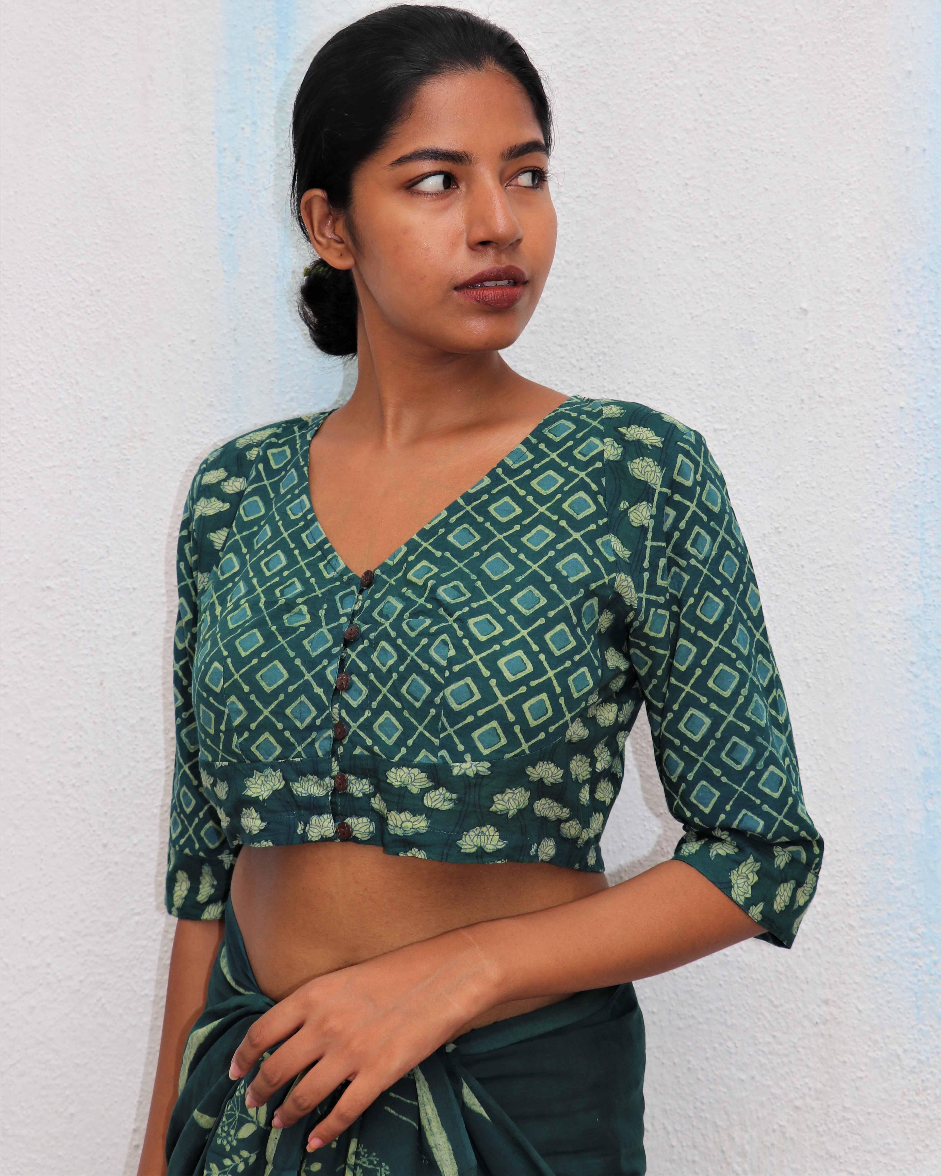 Green Diamond Bloom Block Printed Cotton Blouse - For