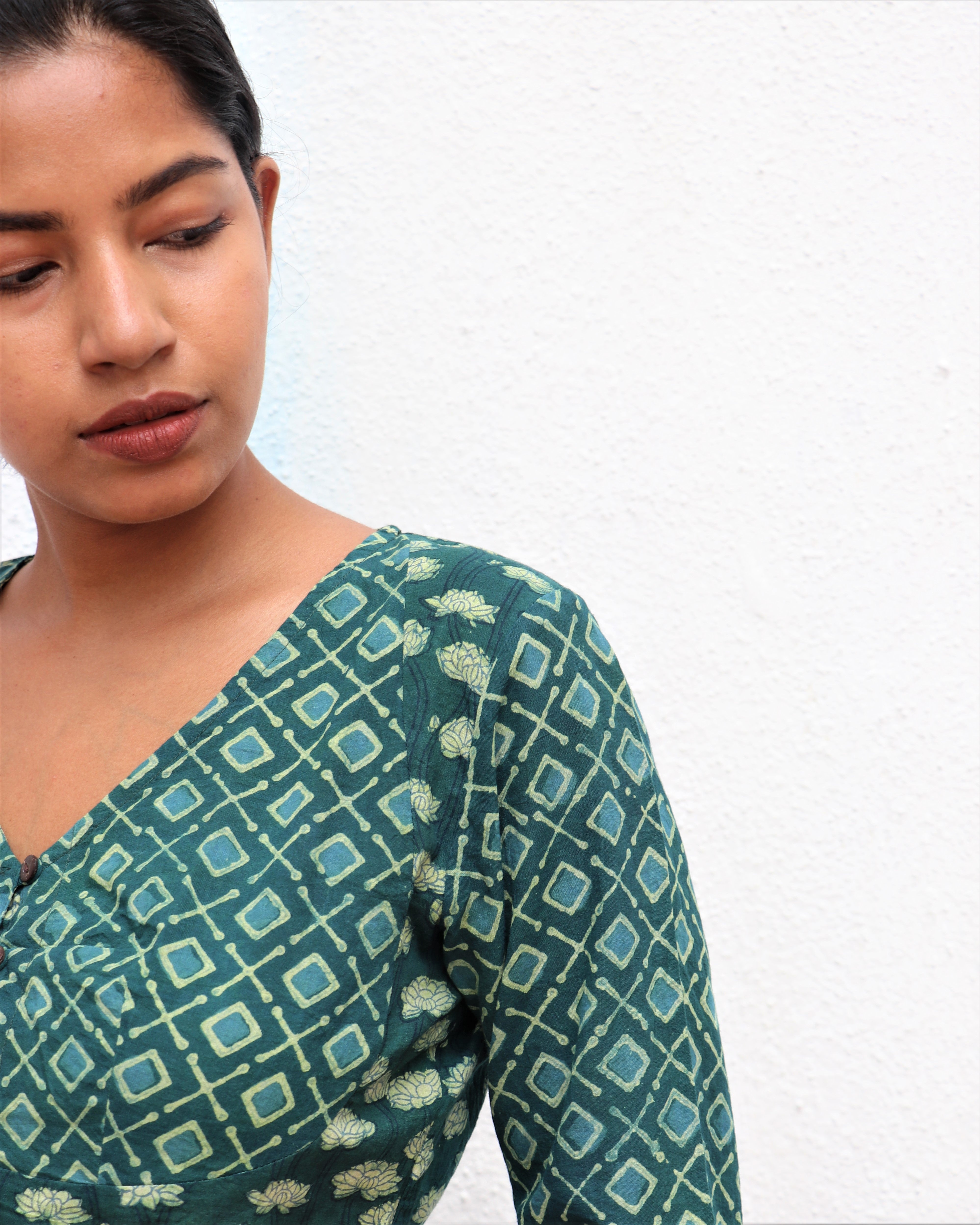 Green Diamond Bloom Block Printed Cotton Blouse - For