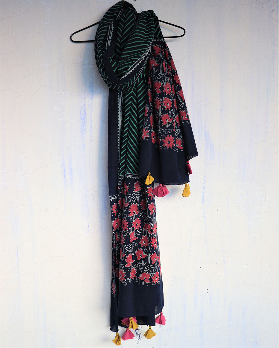 Blue Blockprinted Cotton Dupatta - Wbs