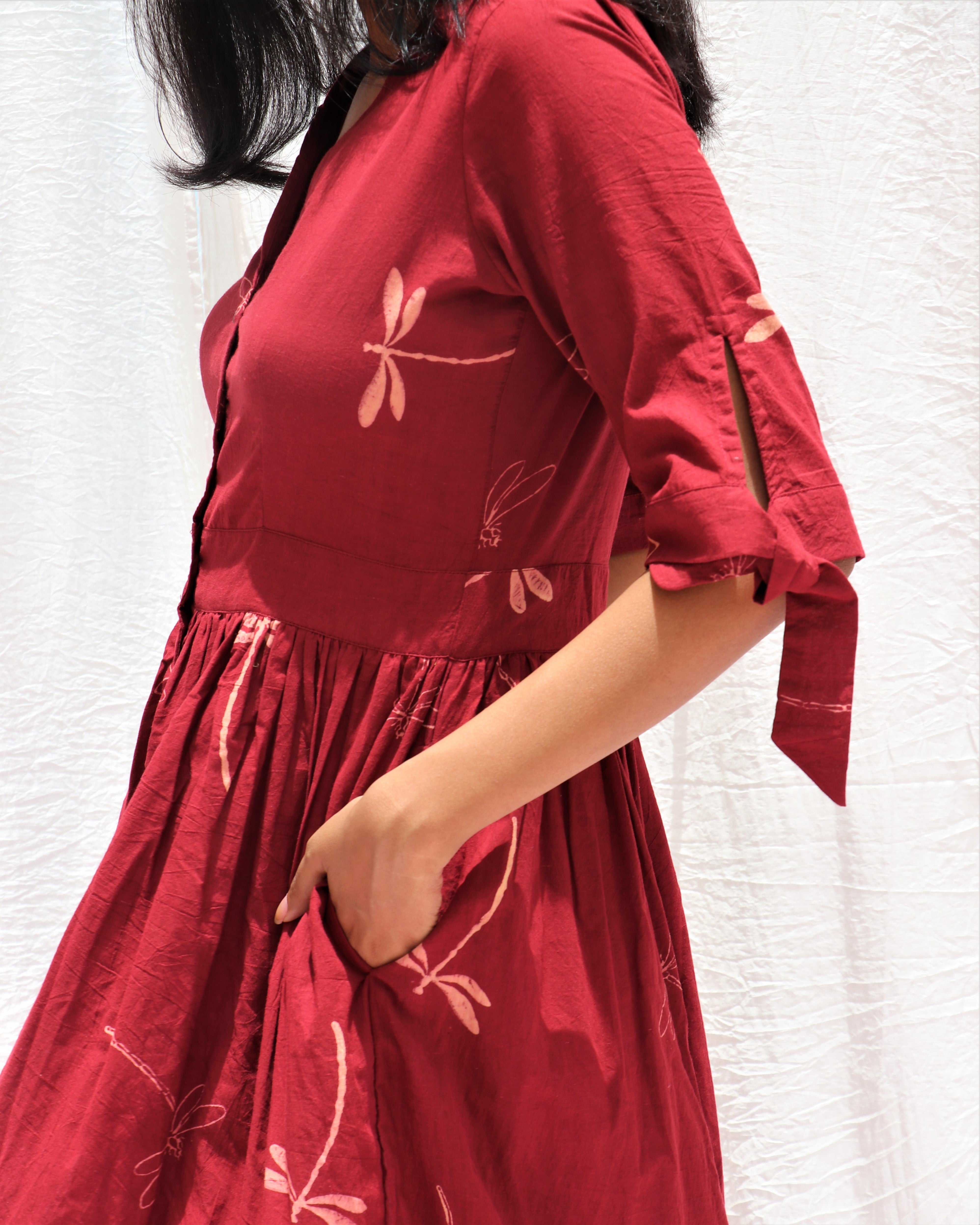 Maroon Dragonfly Block Printed Cotton Dress -Symphony