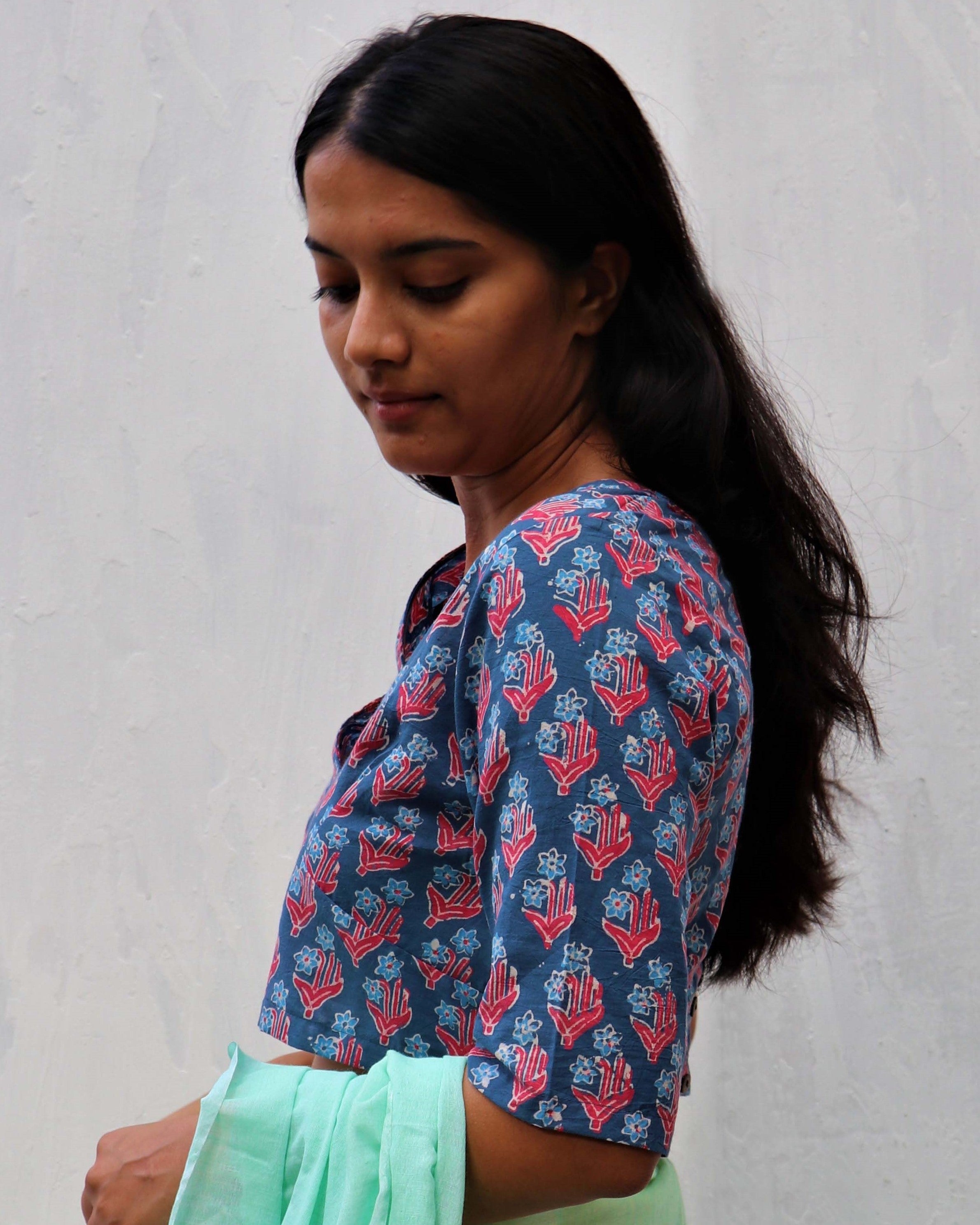 Midnight Calm Hand Block-Printed Cotton Blouse - Neelanjali