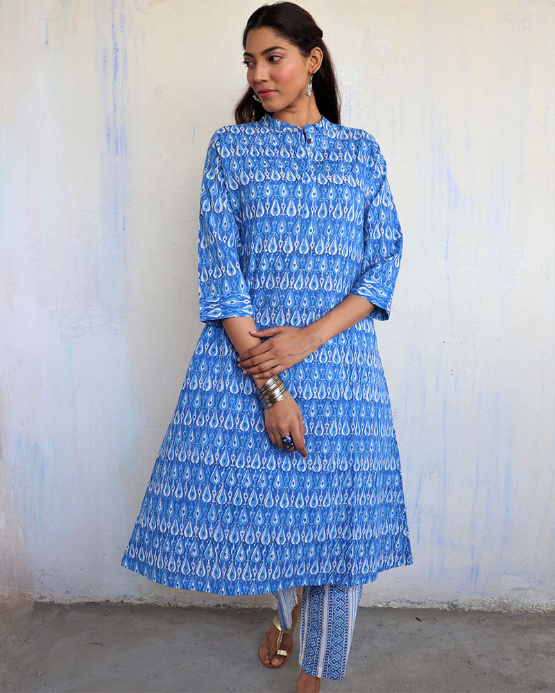 Sky Blue Jal Handprinted Cotton Kurti - Mughal