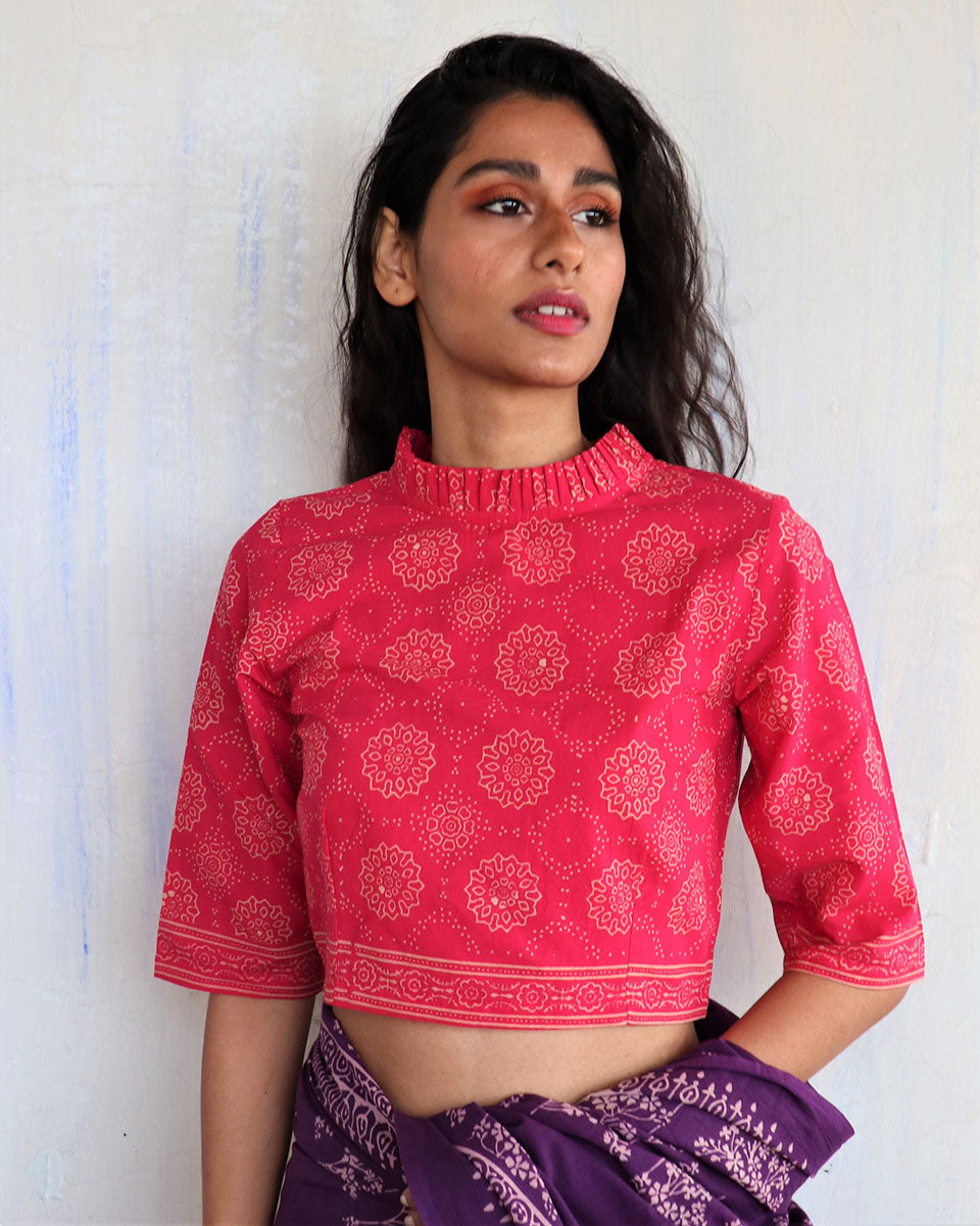 Buy Pink Blockprinted Crop Top Cotton Blouse | Blouses – Chidiyaa