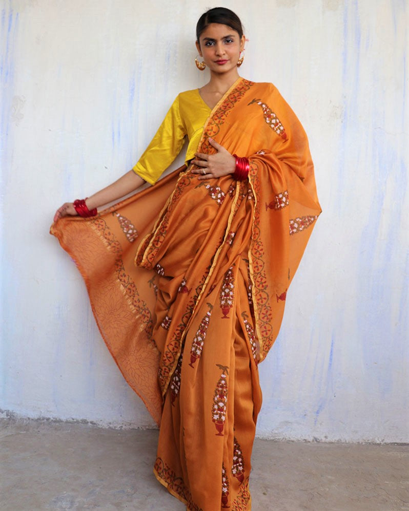 Orange Hand Blockprinted Chanderi Silk Saree