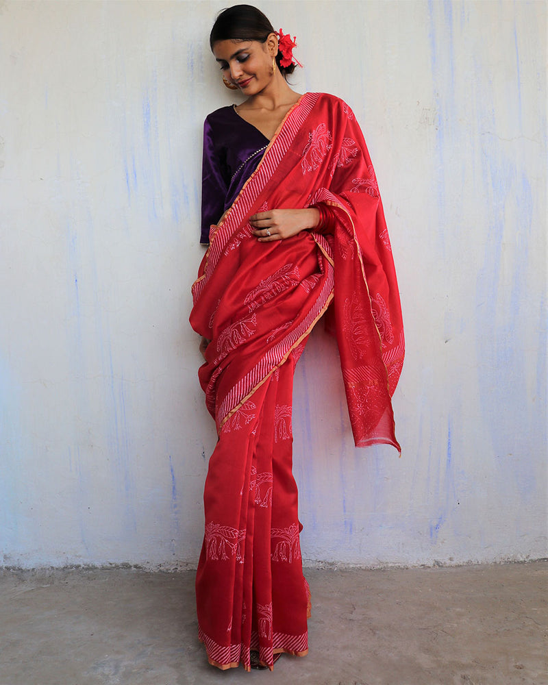 Suramya Saree Hand Blockprinted Silk Saree- Roshni