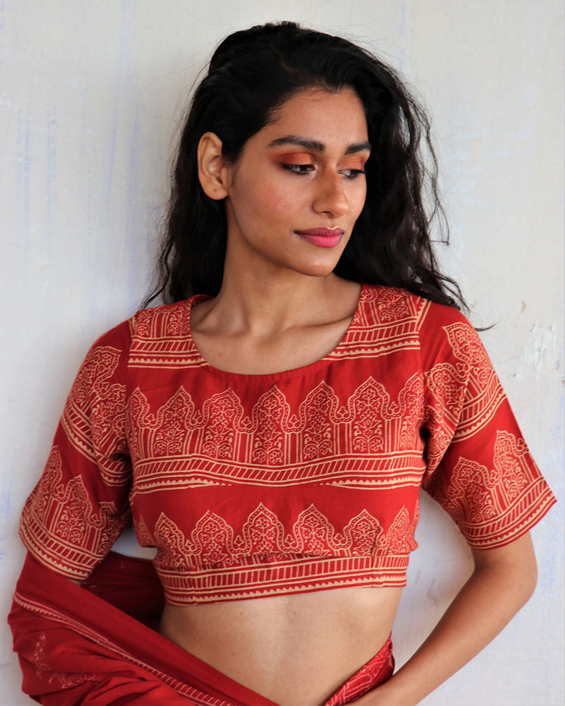 Red Block Printed  Cotton Crop Top Blouse - Butterflygirls