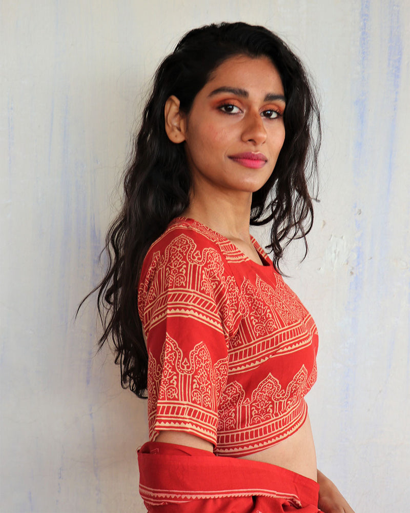 Red Block Printed  Cotton Crop Top Blouse - Butterflygirls