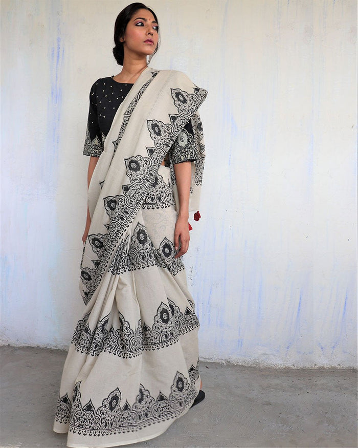 Ivory Black Border Block Printed Cotton Mul Saree - God main image 1