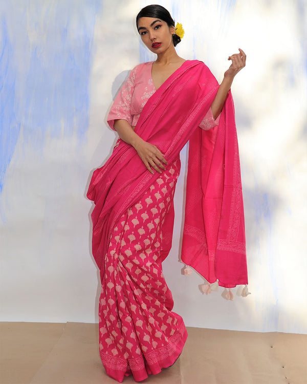 Pretty in Pink Blockprinted Cotton Saree