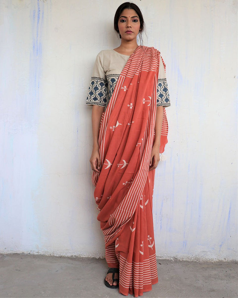 Buy Rust Block Printed Cotton Mul Saree - God – Chidiyaa