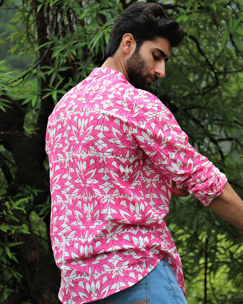 Pink White Floral Block Printed Cotton Shirt