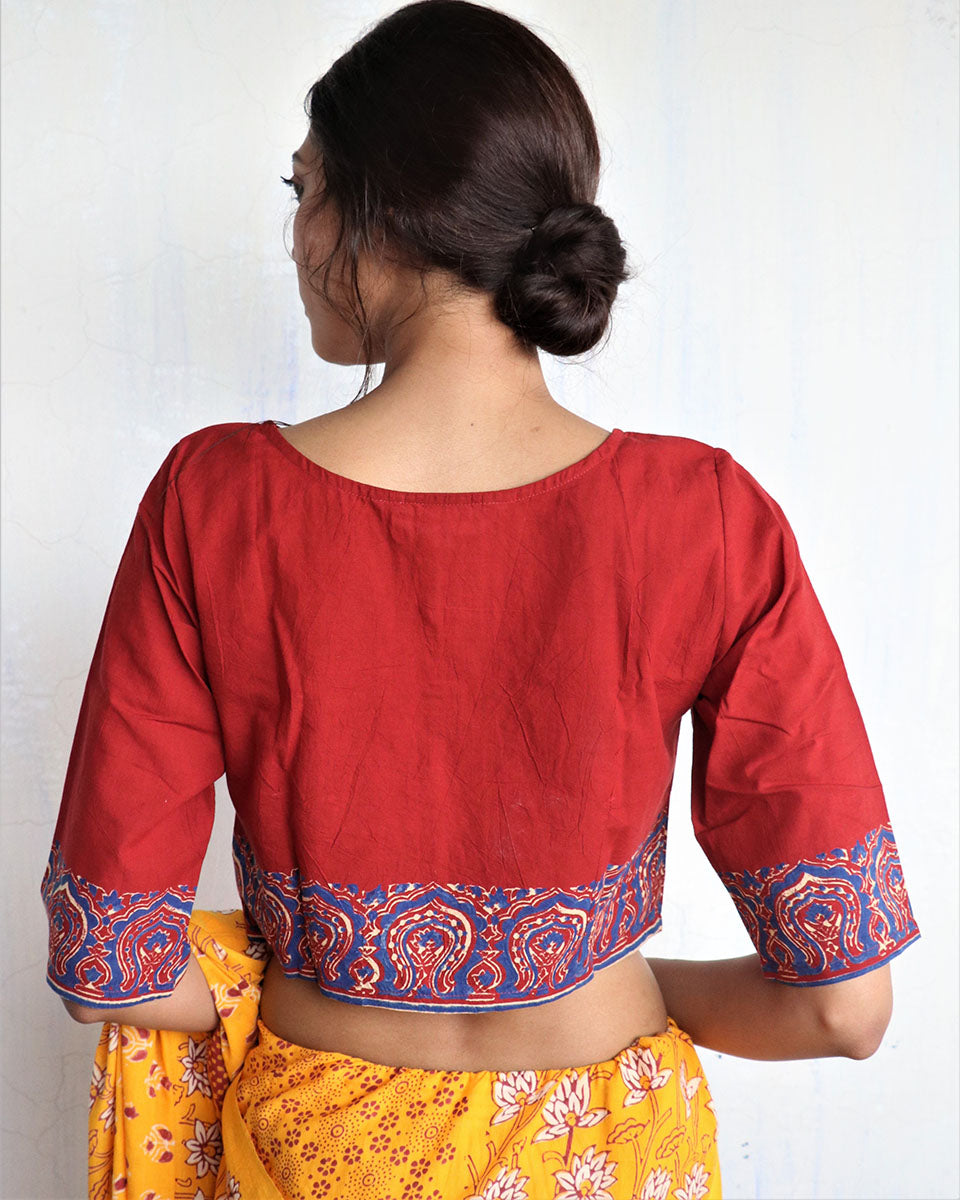 Marron Handprinted Cotton Crop Top Blouse - God