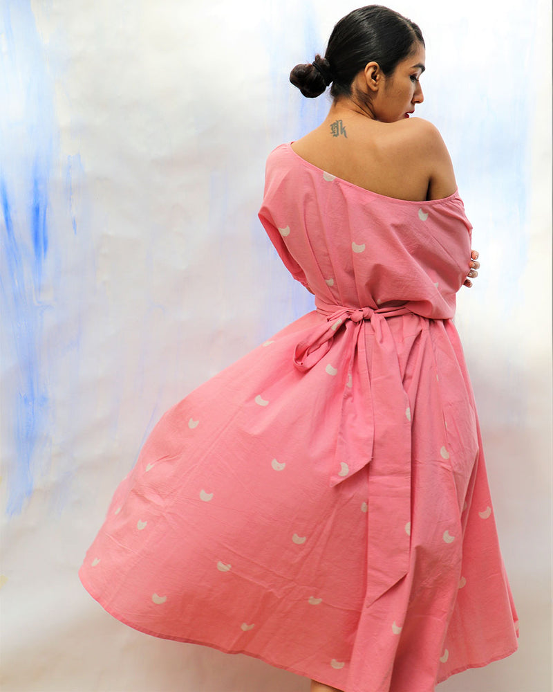 Pink Handprinted Off Shoulder Pure Cotton Dress  - Skd
