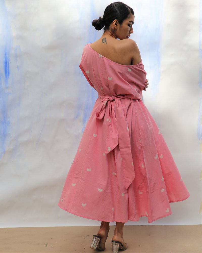 Pink Handprinted Off Shoulder Pure Cotton Dress  - Skd