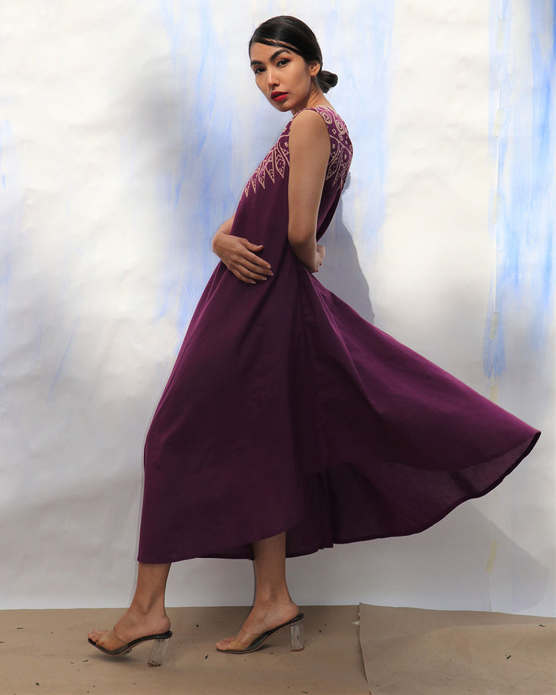 Purple Handprinted One Shoulder Pure Cotton Dress -Skd