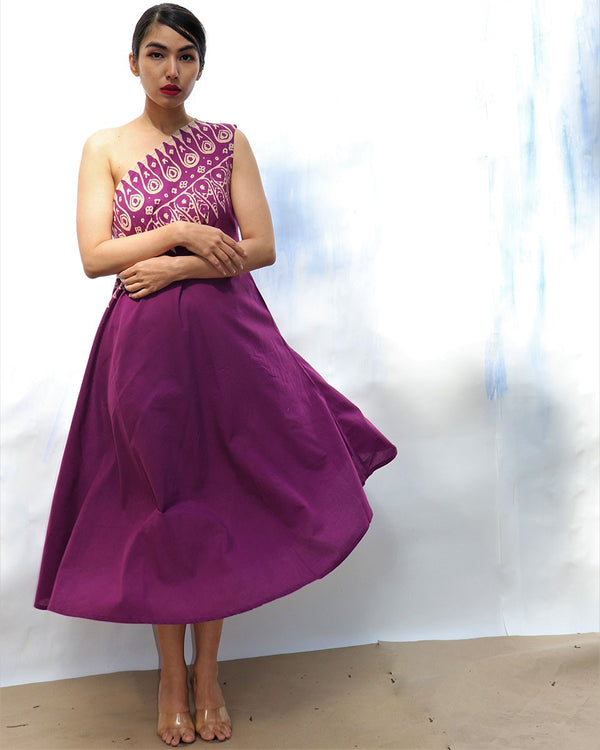 Purple Handprinted One Shoulder Pure Cotton Dress  - Skd