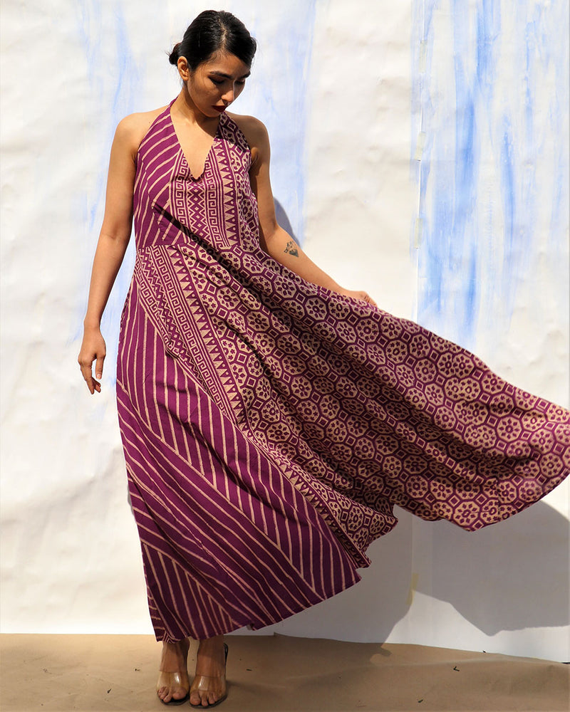 Purple Handprinted Pure Cotton Halter Neck Dress -Skd – Chidiyaa