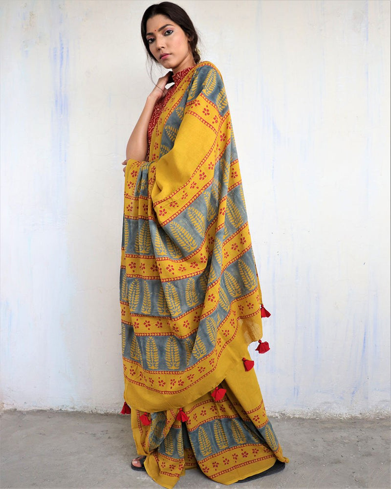 Buy Mustard Block Printed Cotton Mul Saree | Bestselling – Chidiyaa