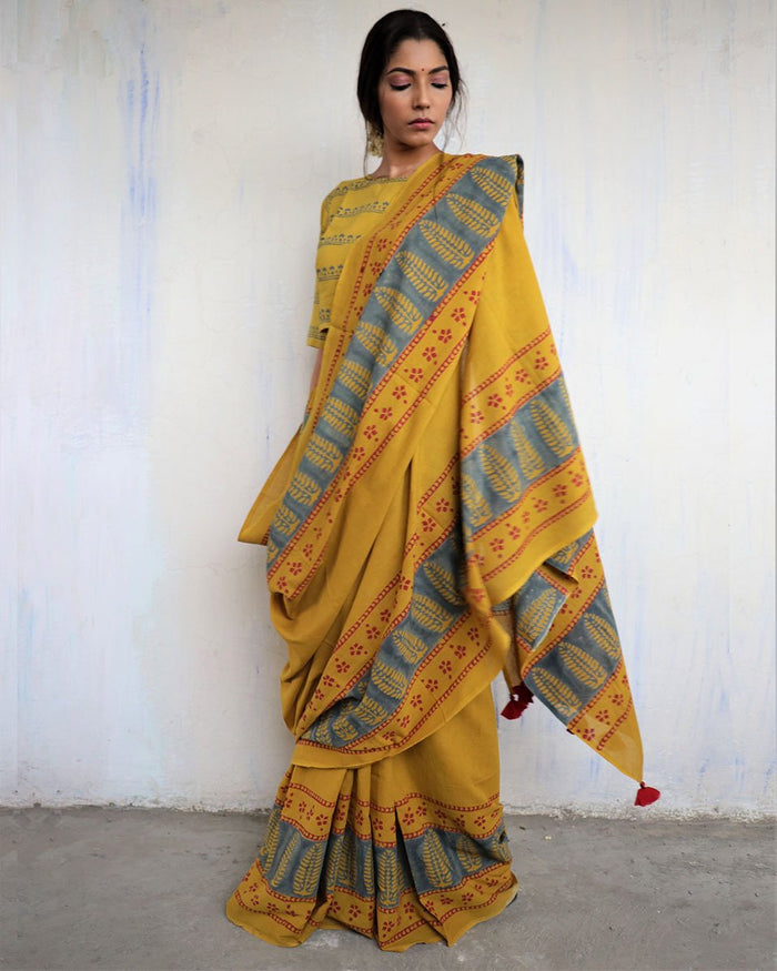 Basanti Baag Mustard Mulmul Cotton Saree with Leaf Block Prints