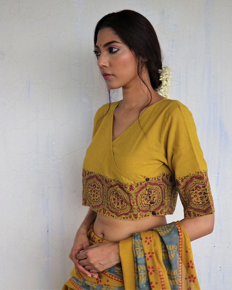 Mustard Angarakha Handprinted Cotton Crop Top Blouse - God