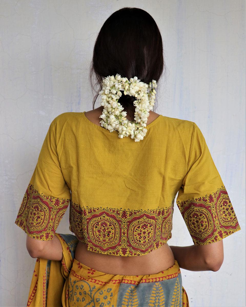 Mustard Angarakha Handprinted Cotton Crop Top Blouse - God