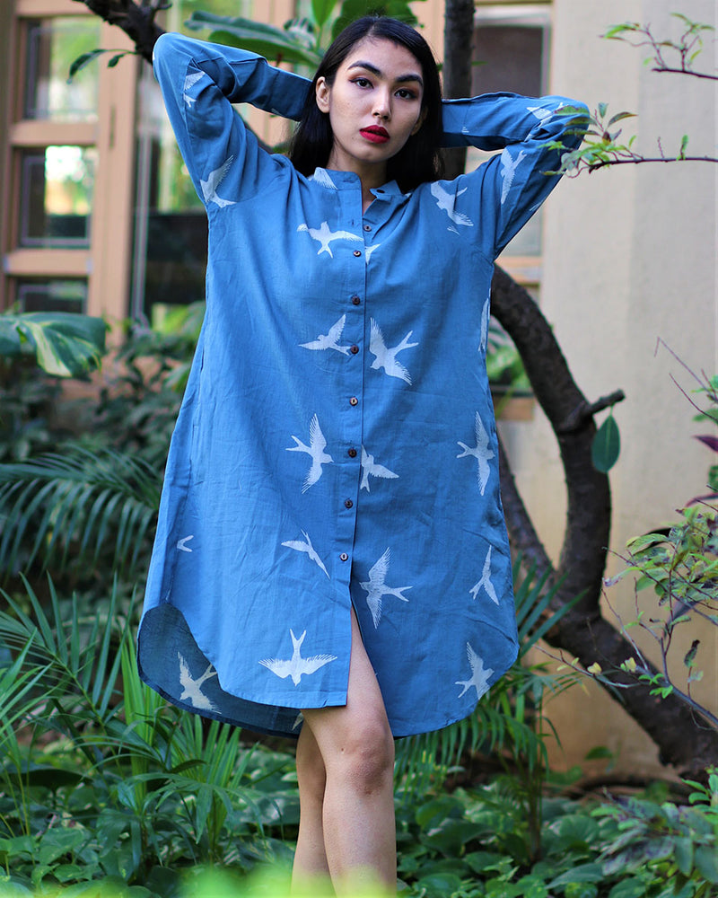 Flyon Blue Block Printed Cotton Shirt Dress - Fursat
