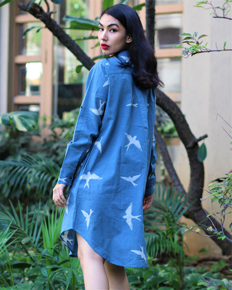 Flyon Blue Block Printed Cotton Shirt Dress - Fursat