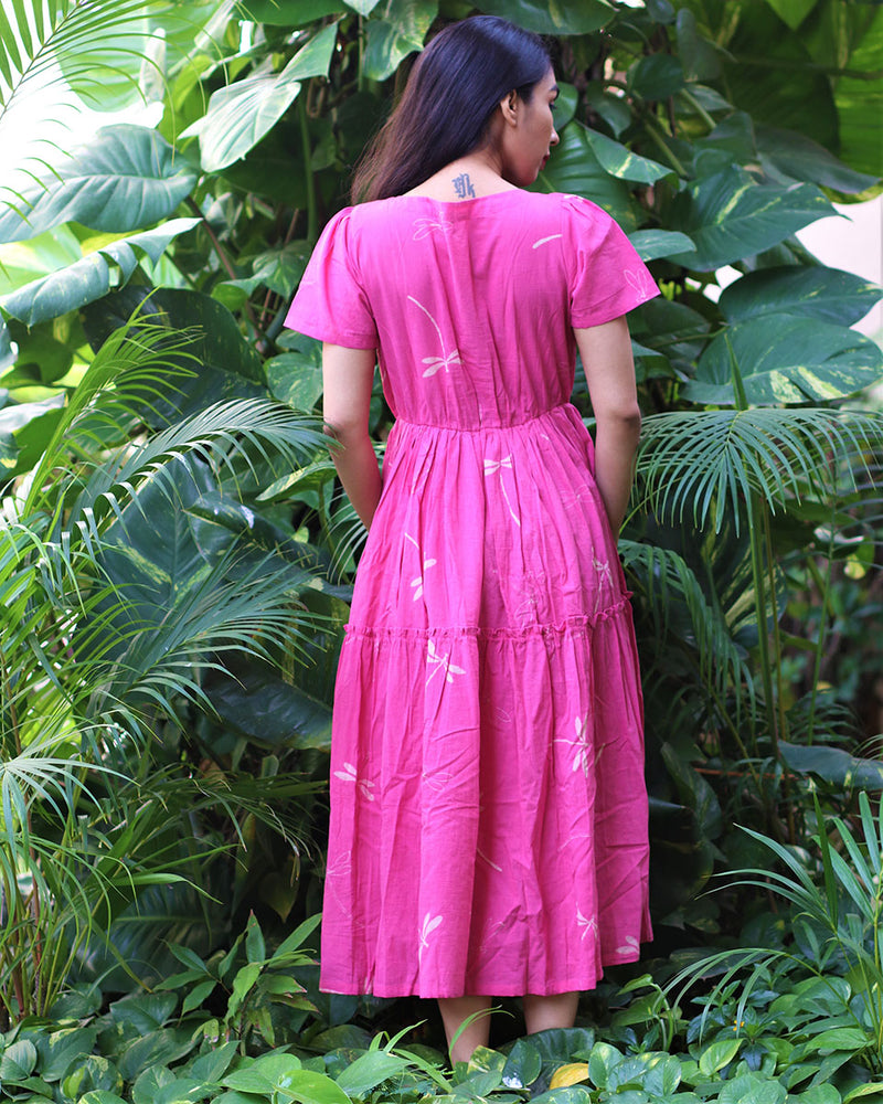 Dragonfly Pink Block Printed Dragonfly Pleated Cotton Dress - Fursat