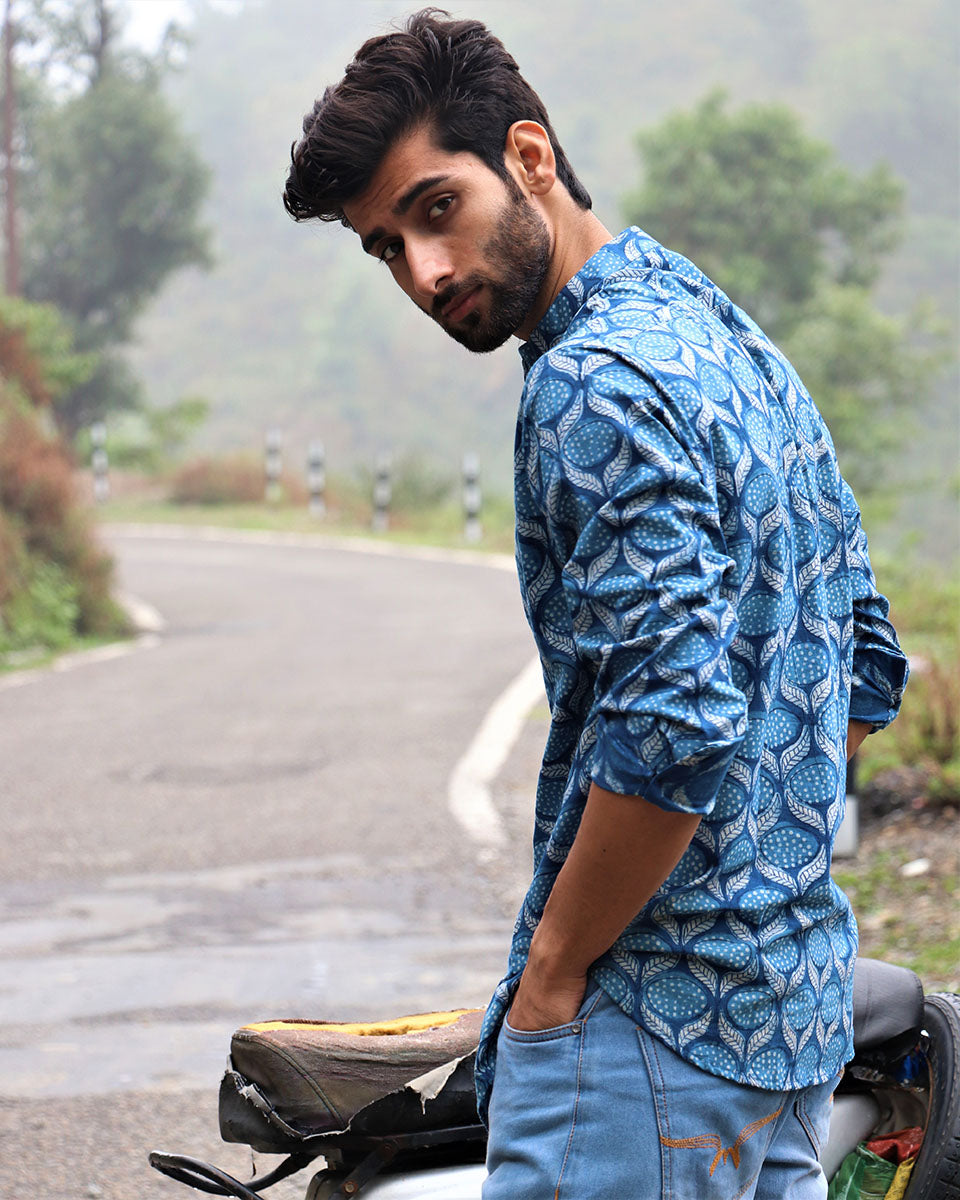 Summer Blue Block Printed Cotton Shirt