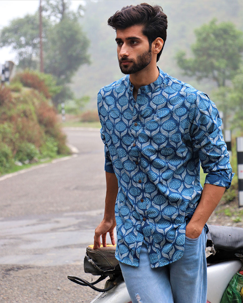 Summer Blue Block Printed Cotton Shirt