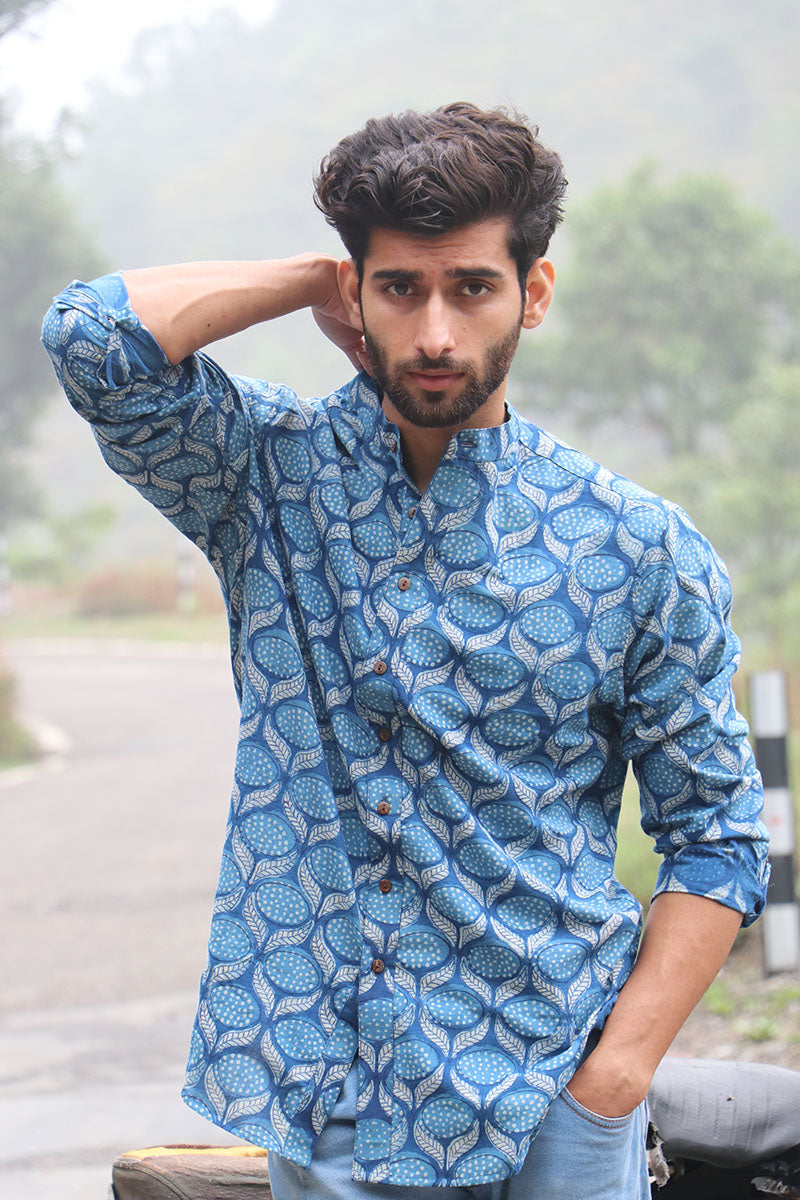 Summer Blue Block Printed Cotton Shirt