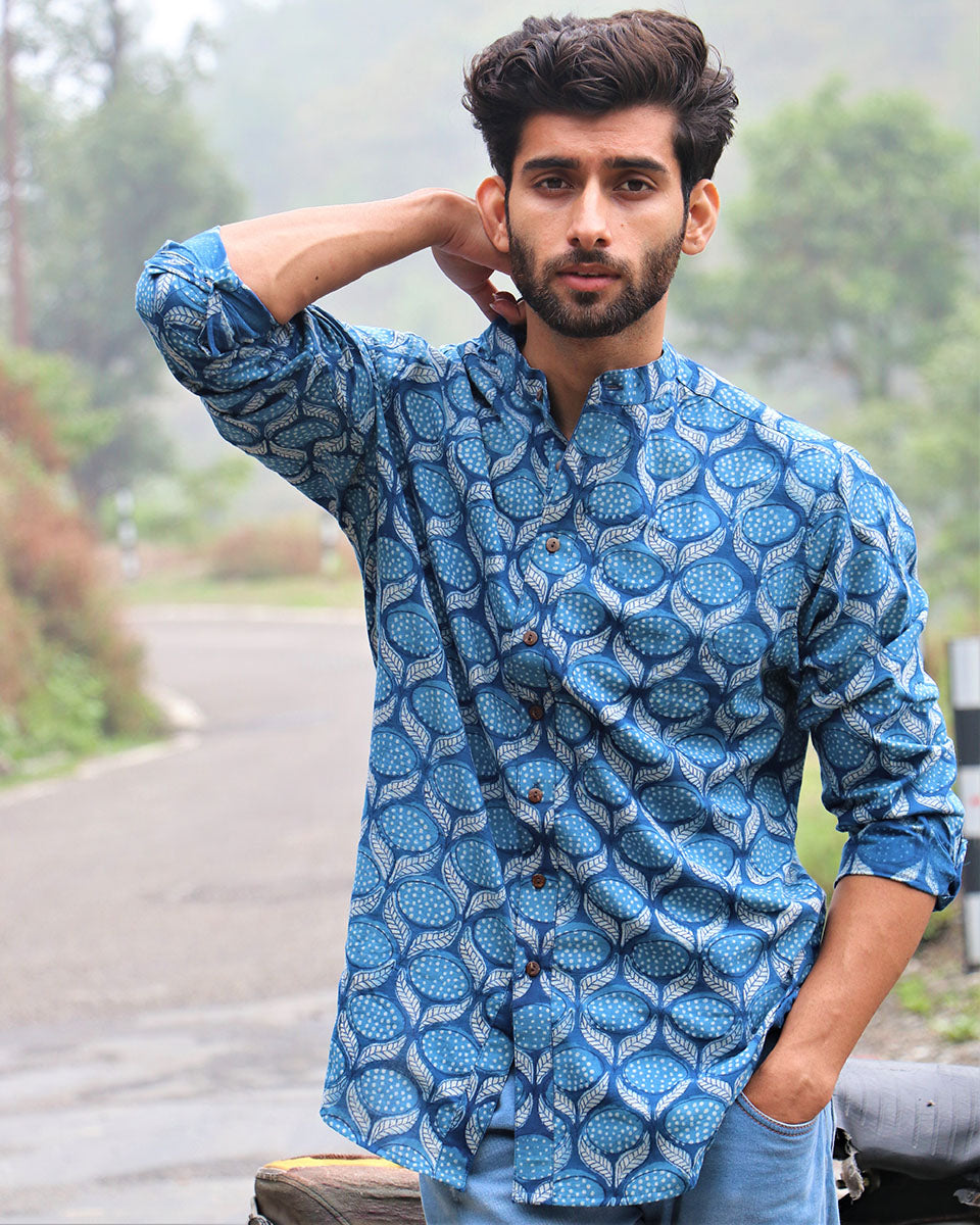 Summer Blue Block Printed Cotton Shirt