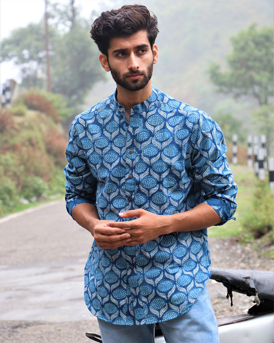 Summer Blue Block Printed Cotton Shirt