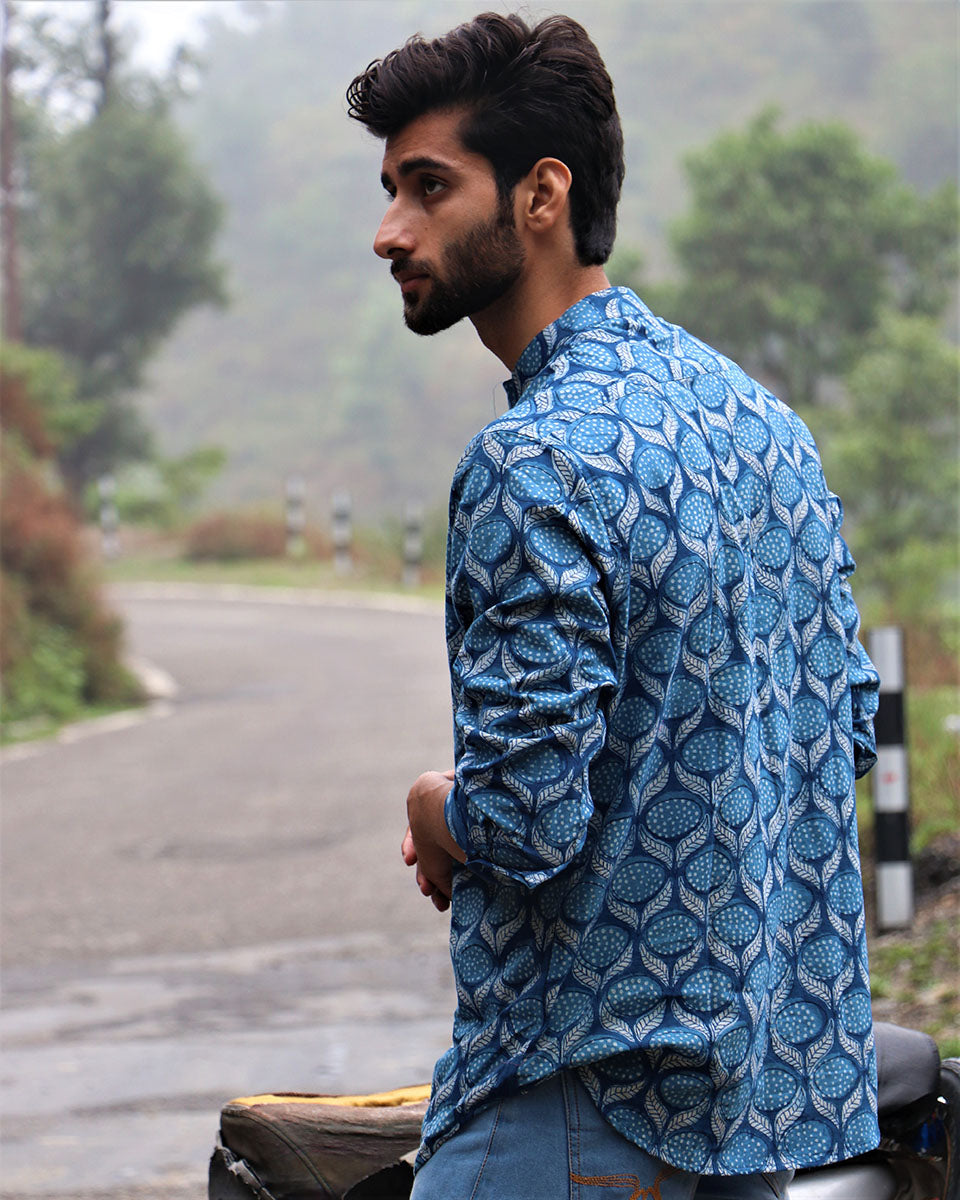 Summer Blue Block Printed Cotton Shirt