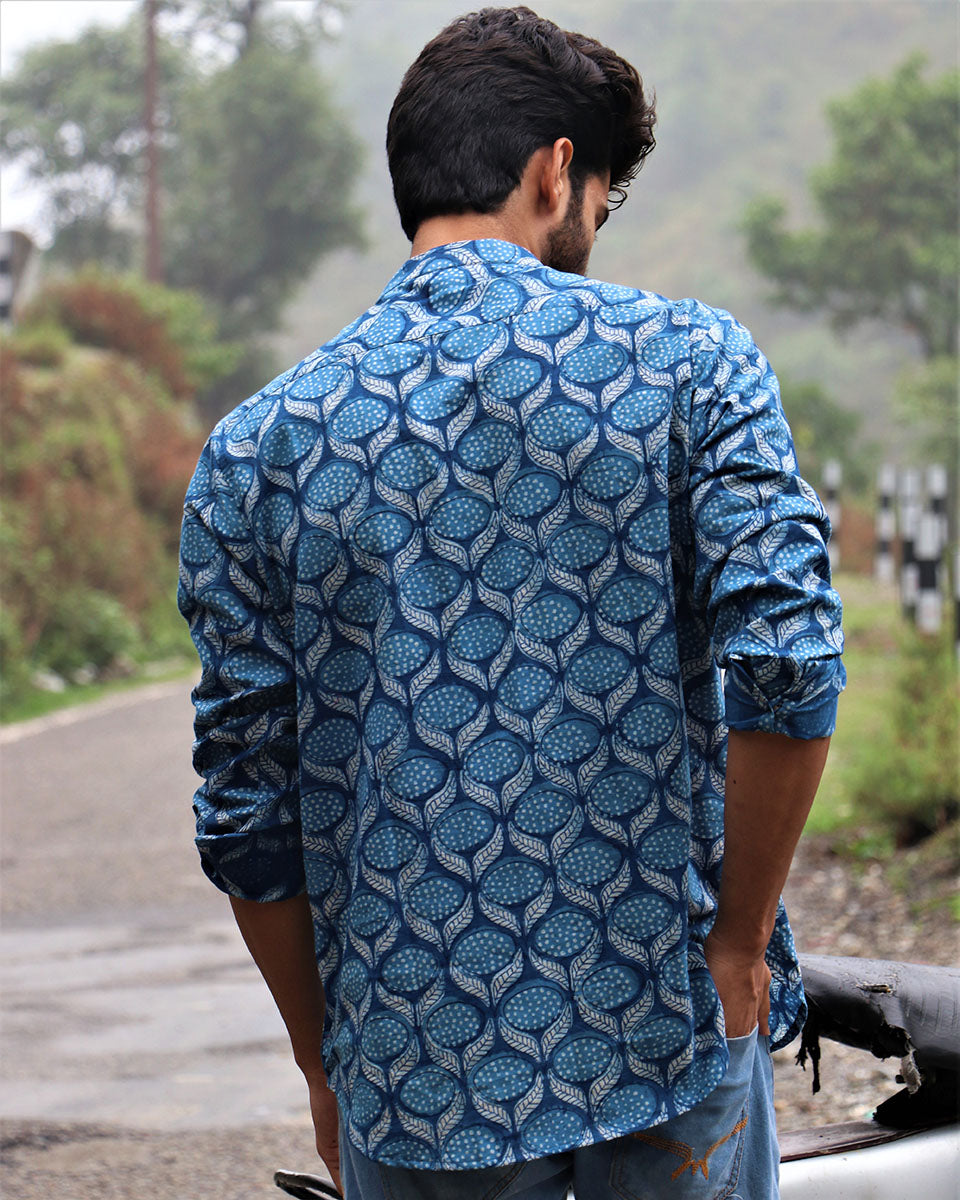 Summer Blue Block Printed Cotton Shirt