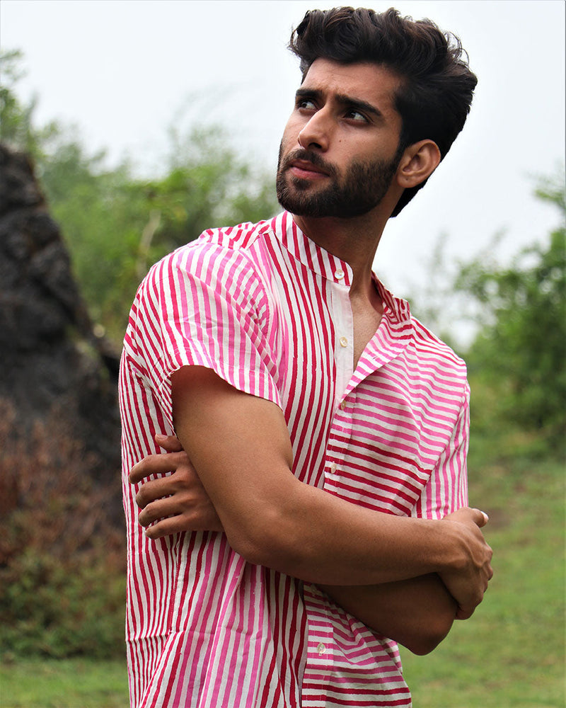 White Red Pink Striped Block Printed Cotton Half-Sleeved Shirt