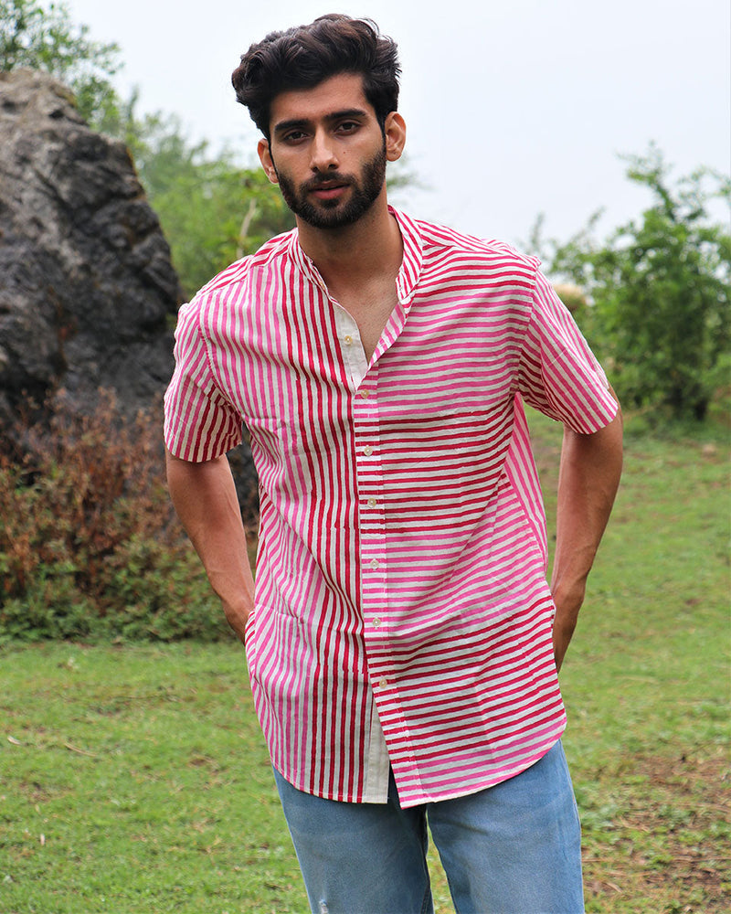 White Red Pink Striped Block Printed Cotton Half-Sleeved Shirt