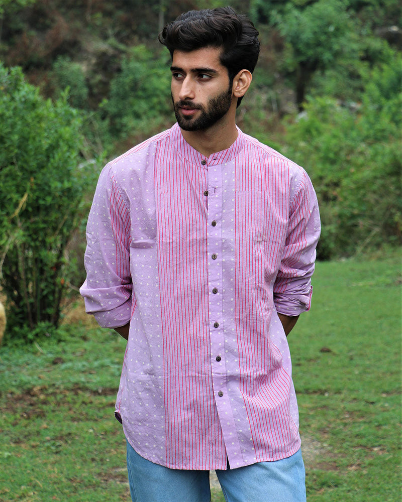 Lilac Striped Block Printed Cotton Shirt