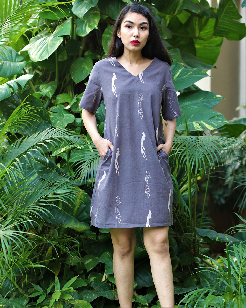 Leisure Grey Block Printed Cotton Dress - Fursat
