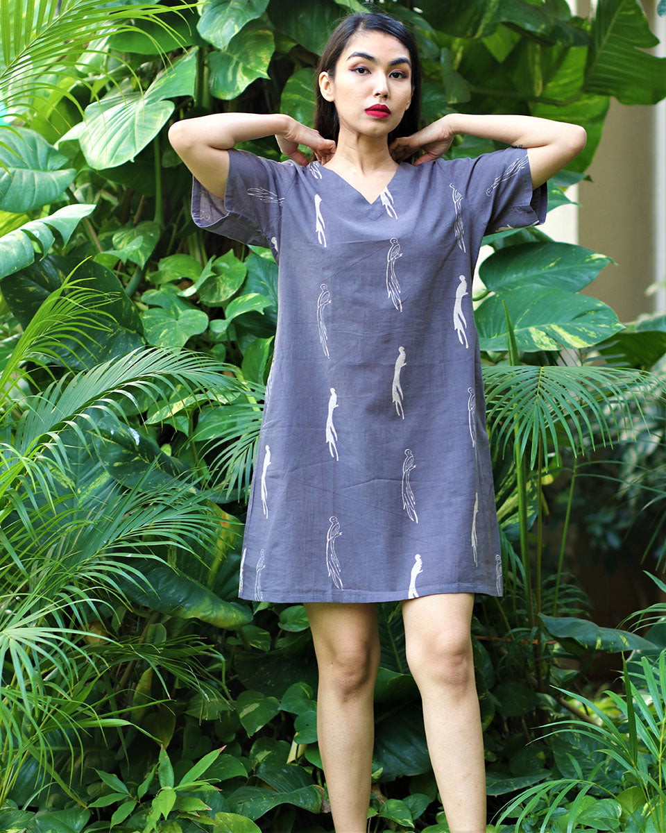 Leisure Grey Block Printed Cotton Dress - Fursat